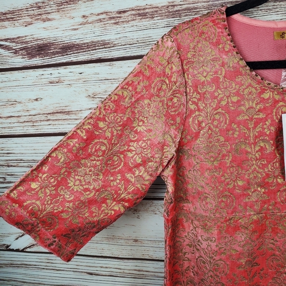 NWT April Cornell Womens XS Salmon/Gold Velvet Damask Embossed 3/4 Sleeve Dress - Picture 4 of 11